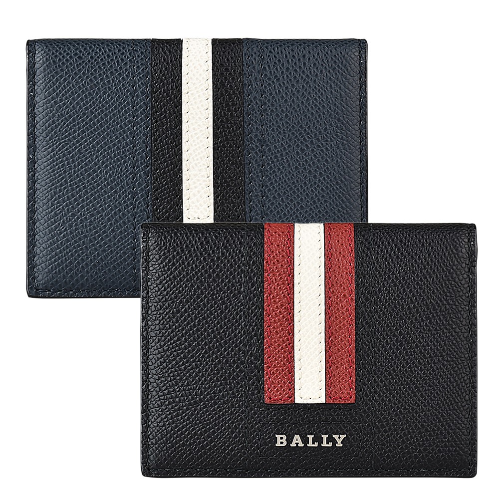 BALLY TALDER銀字LOGO紅白紅/黑白黑條紋牛皮6卡對折卡片名片夾(兩色)
