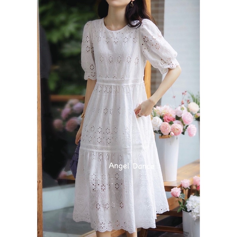 純棉蕾絲洋裝(白色)@韓國 法式 甜美氣質 泡泡袖 鏤空 小禮服 寬鬆腰 大中小尺碼 正式場合  夏天洋裝 白色洋裝