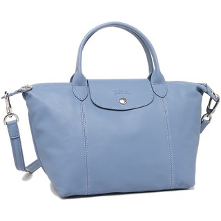 全新【Longchamp Le Pliage Cuir】小羊皮短把折疊小型水餃包-薄霧藍