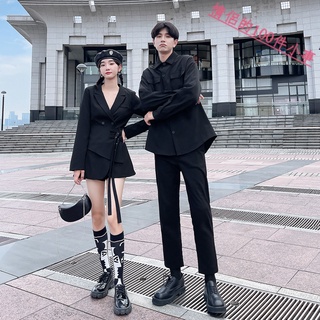 【COUPLE】情侶裝💯💯2022新款法式收腰顯瘦工裝西裝黑色連衣裙潮流長袖襯衫