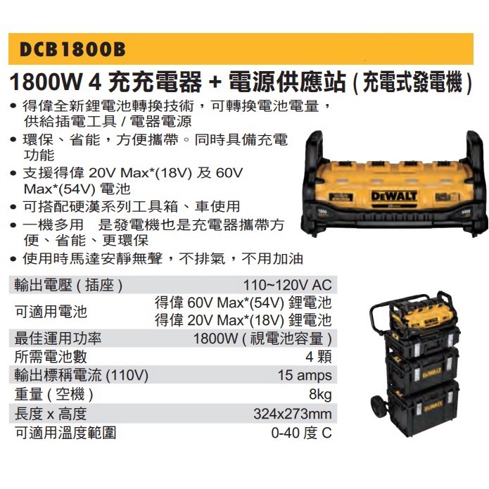 【玖家五金】美國 DEWALT 得偉 DCB1800 充電式發電機 20V~60V通用 靜音式發電機 電源供應站 含稅