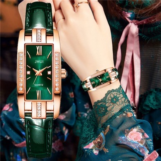 女士矩形綠色 Roma 錶盤手錶豪華水鑽女士皮革錶帶石英腕錶