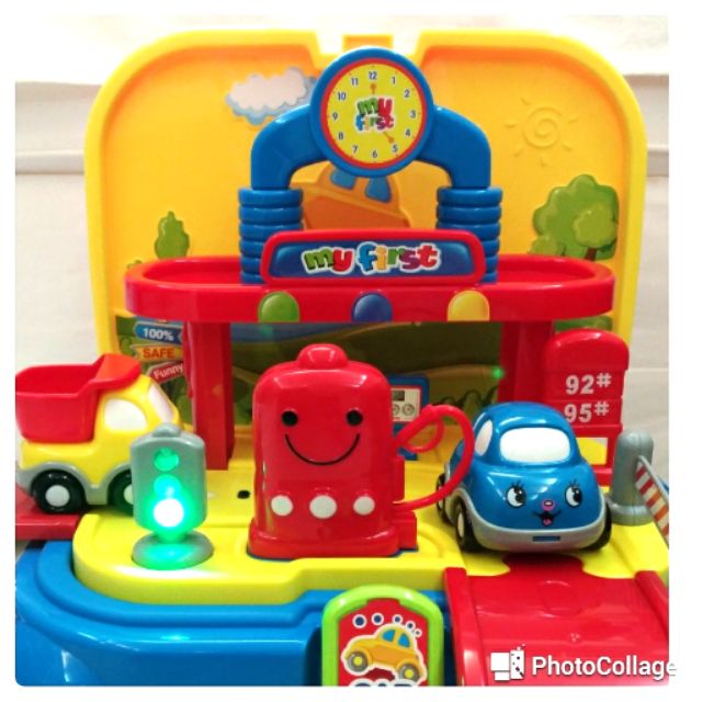 優質二手 兒童玩具汽車加油站收納手提箱椅凳