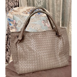 義大利名牌專櫃真品 BOTTEGA VENETA BV 經典款編織 大地色系駝卡其灰色全皮小羊皮手提貴婦肩揹包大容量