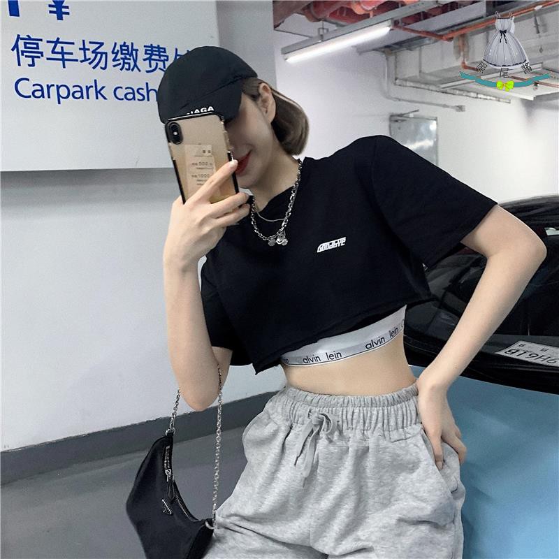 黑色超短版上衣女夏季露肚寬鬆短袖t恤韓版 蝦皮購物