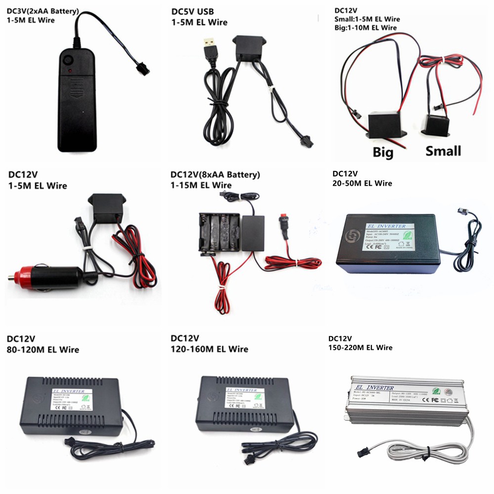 EL冷光線啟動器3V AA電池盒5V USB接口12V電源適配器驅動器控制器逆變器，1-200米可用