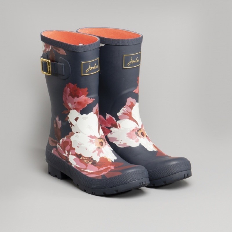 Miolla 英國品牌Joules 深藍色底/ 軍綠色底紅花朵 中筒雨鞋/雨靴
