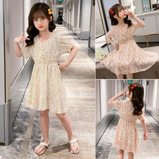go cool shop洋裝 雪紡 連身裙 中大童 夏季 女童梅花雪紡珍珠扣連身裙洋裝1090711