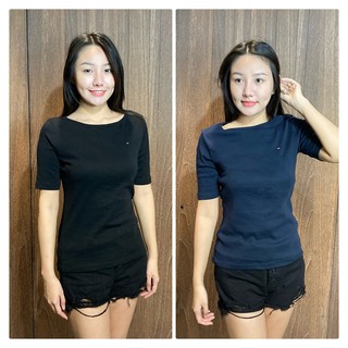 美國百分百【全新正品】Tommy Hilfiger T恤 TH 女上衣 圓領 五分領 短袖 小LOGO 黑/藍 BH44