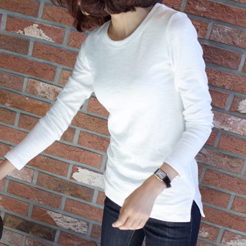 21019春裝新款長袖白色T恤女竹節棉韓版打底衫修身顯瘦上衣