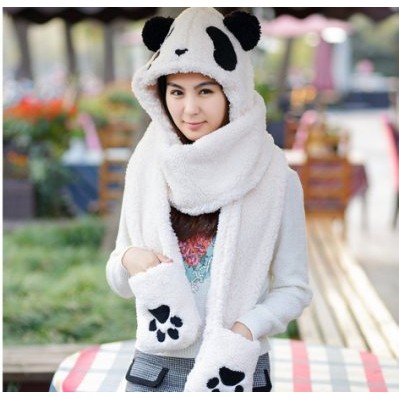 冬季女可愛卡通萌熊貓圍巾連帽圍巾雙層加厚保暖超大帽子手套一體圍巾/親子圍巾
