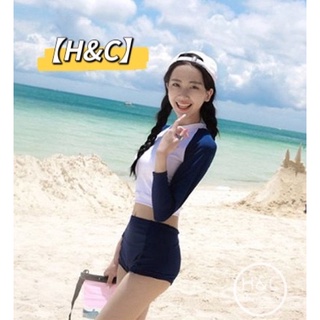 臺灣🇹🇼現貨【H&C】韓系 泳裝 三角 高腰 兩件式 泳衣 長袖 泡溫泉 遮肚顯瘦 泳裝 韓國泳裝 海灘 比基尼