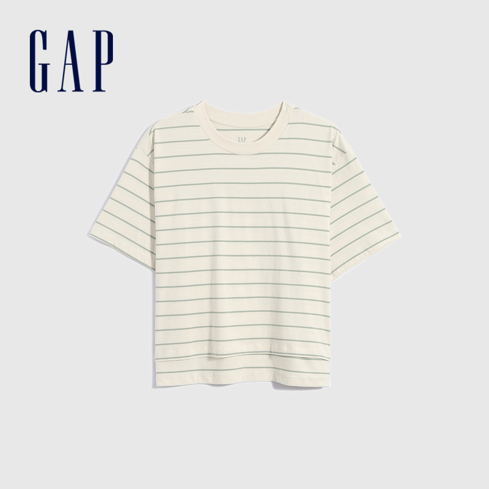 Gap 女裝 純棉條紋寬鬆短袖T恤 厚磅密織親膚系列-綠色細條紋(704372)