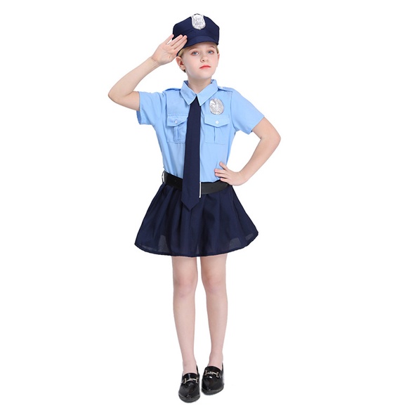 ❤️台灣現貨❤️【4尺寸】兒童女警察服裝 女生角色扮演 整套警官連身裙 警察帽 萬聖節派對 【開立發票】