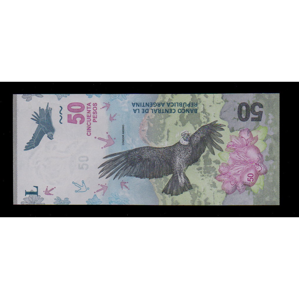 【低價外鈔】阿根廷2018年50PESO紙鈔一枚，安地斯山與神鷹圖案，特價中~(B字軌)