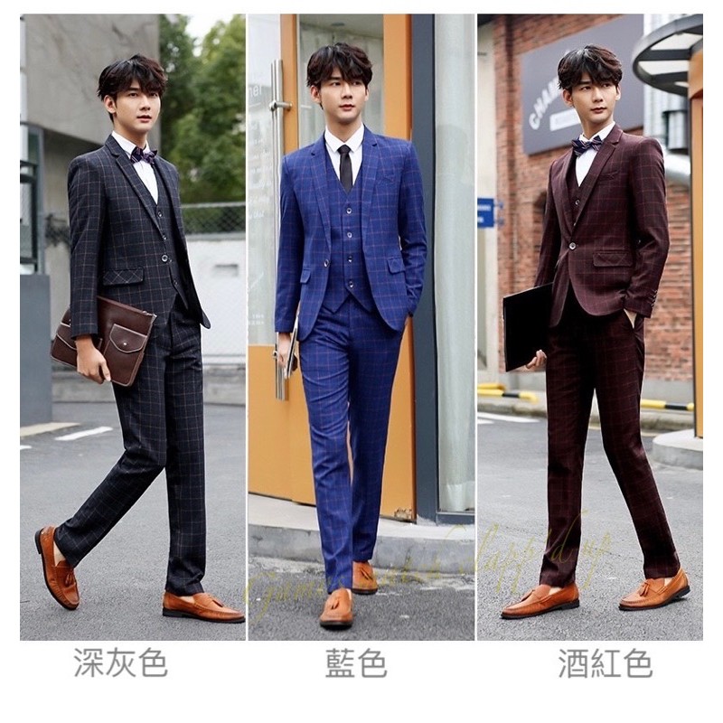 G 西裝套裝三件組 英倫風西裝復古格子西裝新郎西裝伴郎西裝結婚拍照西裝韓版西裝k01 蝦皮購物