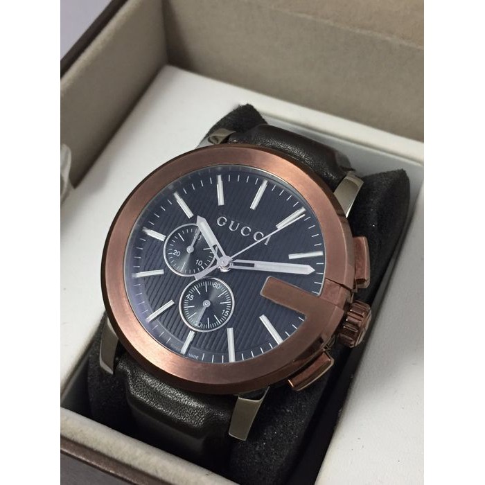 【可面交】GUCCI YA101202 G-CHRONO 44mm 大G 藍寶石 皮帶 咖啡色 基隆大錶哥 男錶 古馳