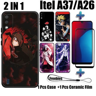 2 合 1 Naruto 手機殼帶鋼化玻璃,適用於 Itel A37 Itel A26 手機殼和曲面陶瓷螢幕保護膜