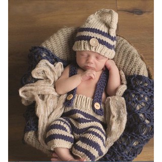 『寶寶寫真』 卡其條紋吊帶褲 + 帽子 2件組 道具拍照服裝 新生兒寫真 QBABY SHOP