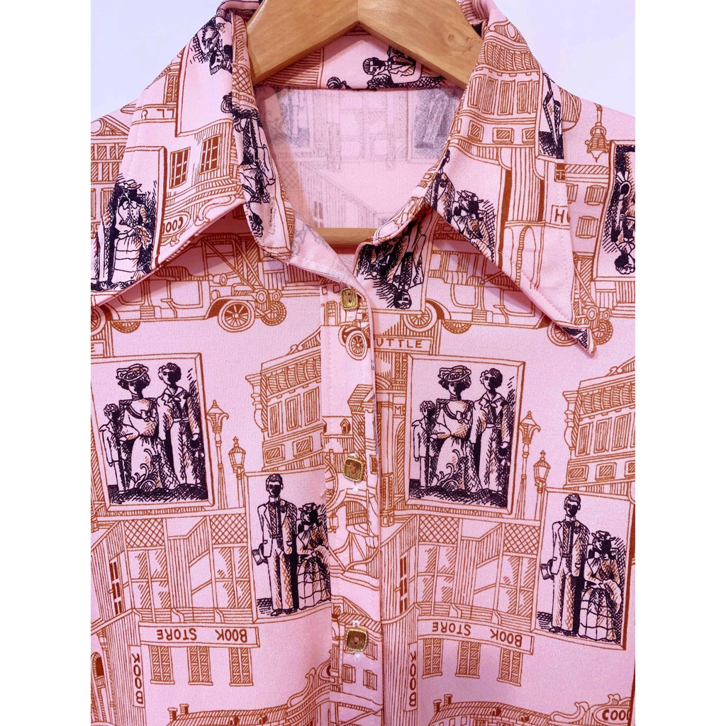 Nana 日本古著文藝復興時期洋房畫像微厚棉質長袖花襯衫日式撫子粉紅色 蝦皮購物