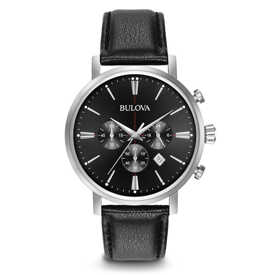 Bulova 經典計時腕錶,男款不鏽鋼搭配黑色皮革錶帶,銀色(型號:96B262)