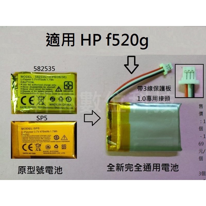 科諾-附發票 適用 HP f520g 行車記錄器  3.7V 電池 維修用 SP5 582535 #D018A