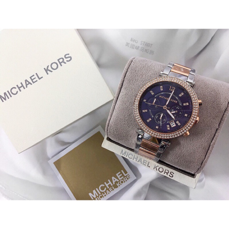 【New START精品服飾-員林】Michael Kors 玫瑰金搭配寶藍鏡面水鑽三眼計時 手錶 MK6141