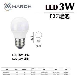 .MARCH LED燈泡 3W、4.5W 黃光、白光 E27燈頭 小夜燈 原廠專業保固 球泡 全電壓