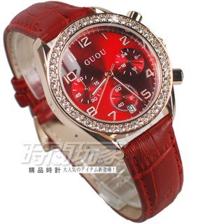 香港古歐 GUOU 閃耀時尚腕錶 GU8103玫紅 三眼造型 日期顯示窗 真皮皮革錶帶 女錶 紅x玫瑰金【時間玩家】