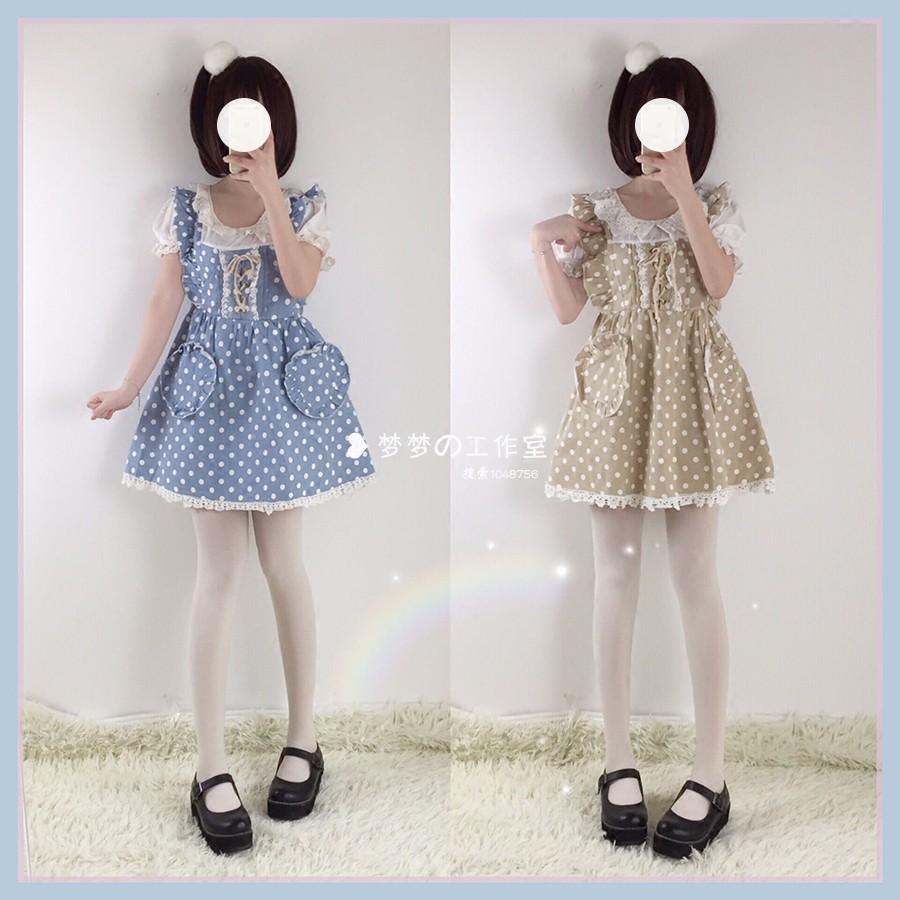 現貨 梦梦工作室 清夏日系少女學生裝可愛軟妹幼稚園蕾絲娃娃領假兩件點點連衣裙 蝦皮購物