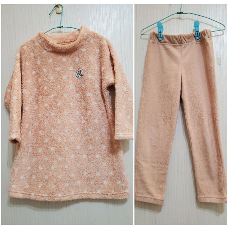 DB2 二手女童衣（1＋1）♥️uniqlo 米妮 粉橘色 舒適毛絨長版上衣贈褲子一件（110）