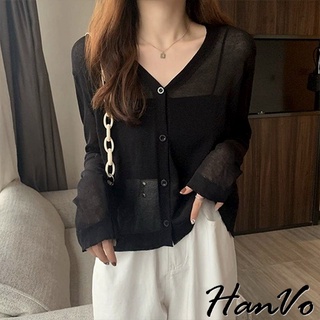 【HanVo】冰絲感透膚防曬V領針織外套 韓系休閒百搭針織外套上衣 韓國韓系女裝 女生衣著 A07-1742