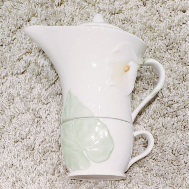 【便宜出清】愛馬仕紙袋35*36+全新 日本DOMANI 朵蔓妮 陶瓷 瓷器 立體 花朵 海芋 一壺一杯 茶具組