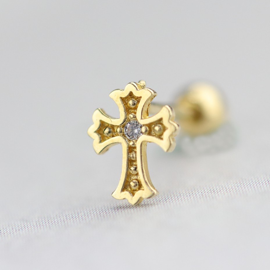 14K Cross CZ Piercing 十字鎖珠耳環(單個)