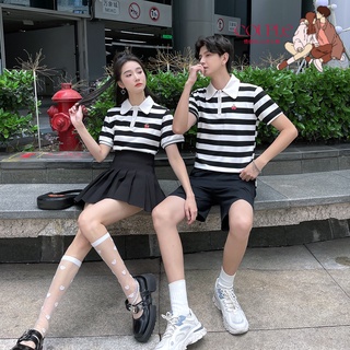 【COUPLE】夏季情侶裝💖💖條紋學院風氣質男女短袖T恤衫畢業照拍照服