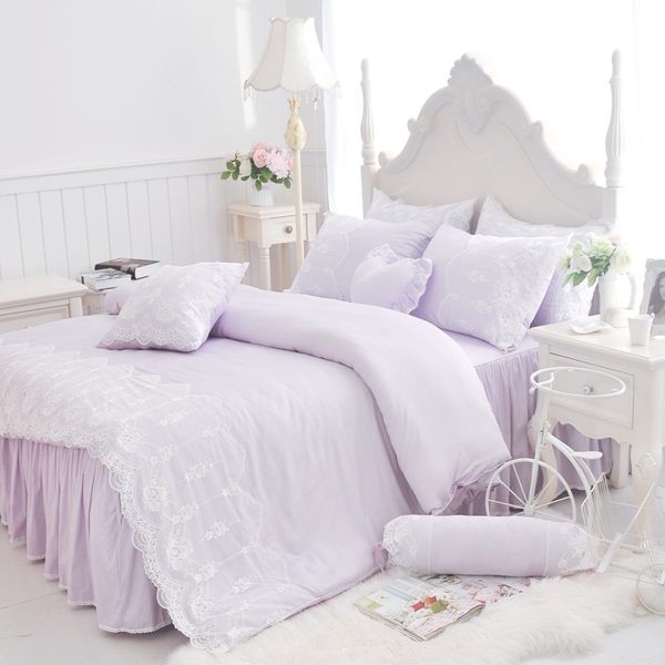 天絲床罩組 標準雙人床罩 公主風床罩 綻放 紫色 蕾絲床罩 結婚床罩 床裙組 荷葉邊 佛你企業