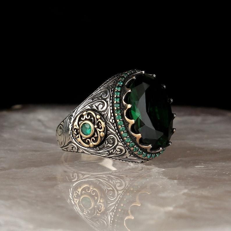 中性綠色鋯石戒指雕刻土耳其手工純銀綠色戒指多石戒指禮物