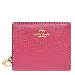 coach 立體logo雙摺短夾 鵝卵石紋真皮皮革 短夾 皮夾 雙折錢包 c2862 莓粉色(現貨)