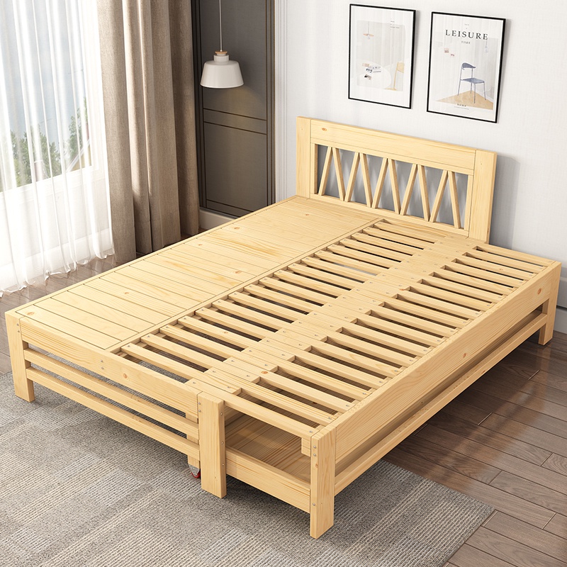 伸縮床 抽拉床 推拉床 全實木伸縮抽拉收納拼接拖小戶型儲物實木床松木床實木現代簡約床