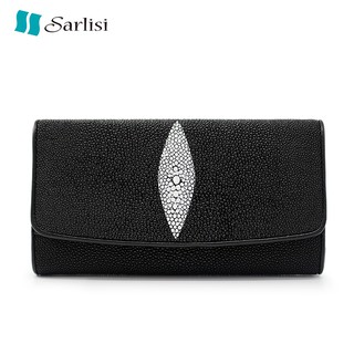 【臺灣出貨】【Sarlisi】經典珍珠魚皮長夾皮夾真皮三折錢包 黑色
