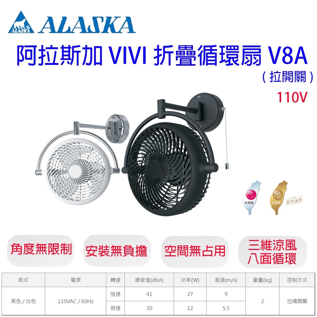 阿拉斯加 ALASKA V8A 8吋 壁扇 VIVI 折疊循環扇 風扇 電扇 遙控風扇 黑色 白色