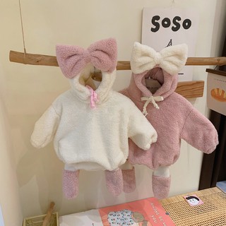 💗現貨💗 寶寶珊瑚絨包屁衣 連帽包屁衣 包腳褲 大蝴蝶結保暖包屁衣 冬天保暖又可愛