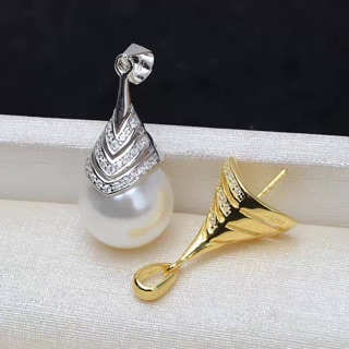 天然石輕奢飾品 s925銀鋯石水鑽包頭帽珍珠空臺項墜DIY配件空臺銀色現貨