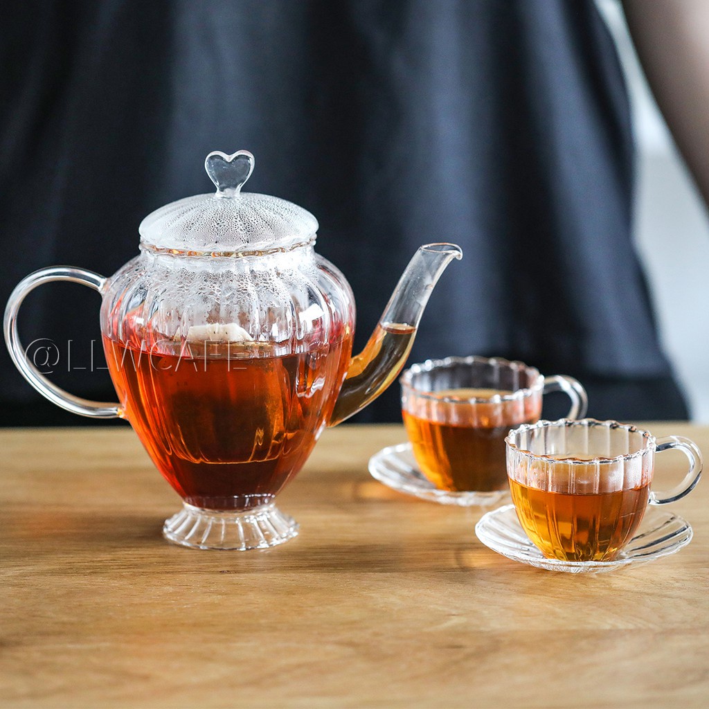 現貨手工時尚歐式復古條紋耐熱玻璃茶壺茶杯茶具組宮廷風條紋壺英式下午茶壺 帶過濾膽