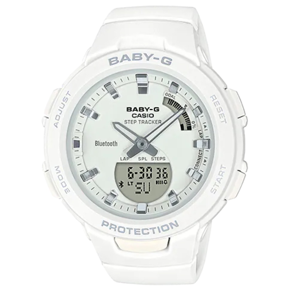 【CASIO】BABY-G 可愛藍芽計步運動雙顯錶-黑(BSA-B100-7)白 正版宏崑公司貨