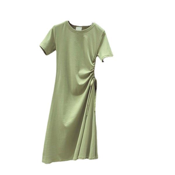 裙子 酪梨綠  春夏 新款 韓版 收腰 顯瘦 抽繩 短袖  流行 t恤裙子 長裙 女生衣著 洋裝
