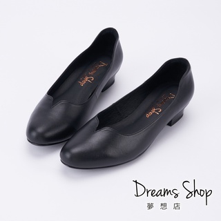 DREAMS SHOP 寬楦_MIT真皮素面V口小圓尖低跟鞋 黑色【XJ1075-6】大尺碼女鞋37-45