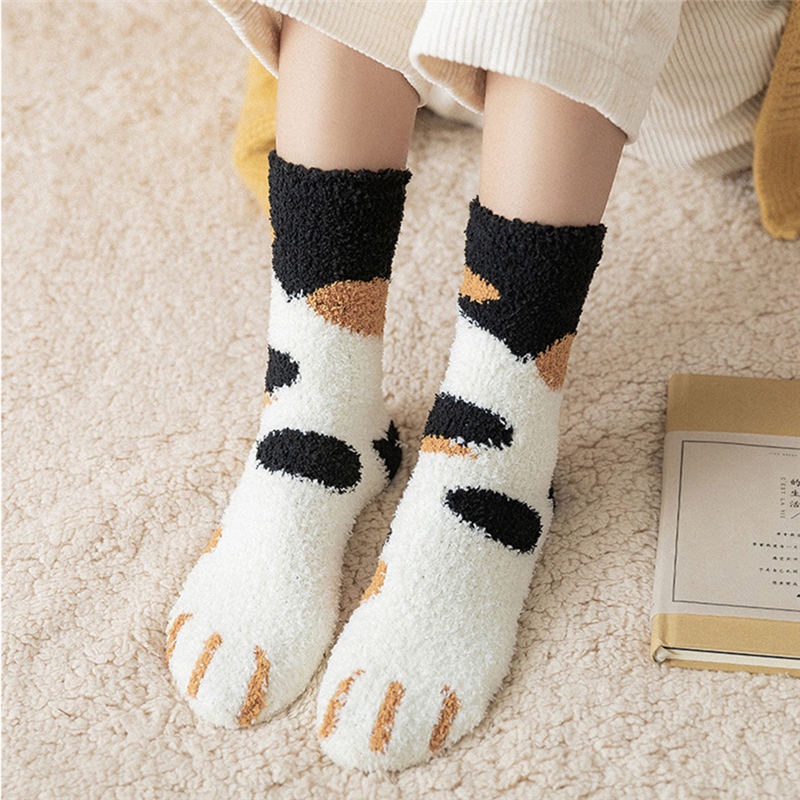 【虧本出清】猫爪襪卡通珊瑚絨女士半邊絨中筒襪保暖居家地板襪毛巾襪