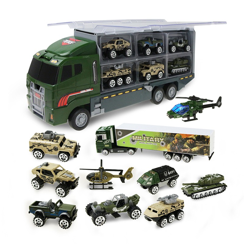合金貨櫃車 1帶10套裝 军事车 消防车 寶寶益智仿真模型車 早教玩具 10輛兒童迷你玩具車+1輛貨櫃車 男孩禮物