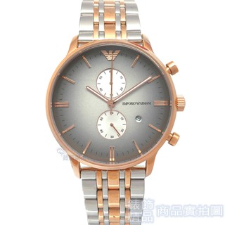 EMPORIO ARMANI 手錶 AR1721 亞曼尼 漸層灰面 雙眼計時 日期 玫金框鋼帶 男錶